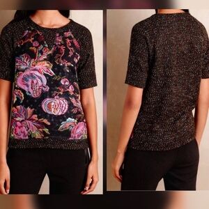 James Coviello Anthro Floral Brocade Metallic Knit Short-Sleeve Sweater Top XS
